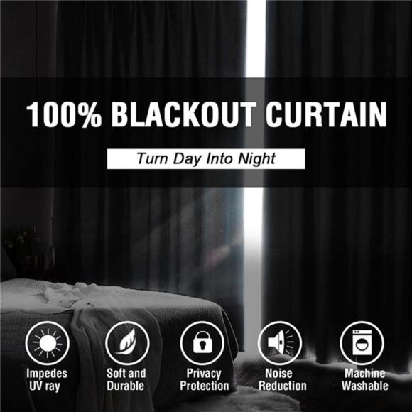 100% Blackout Curtains for Bedroom Thermal Insulated Blackout Curtains 45 inch - Picture 2 of 7